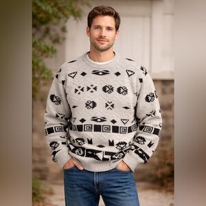 Britches men’s Geometric Patterned Beige and Black Sweater grandpacore